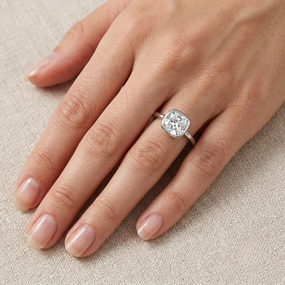 Cushion Cut, Bezel Set, Engagement Ring, 2 Carats, Sterling Silver