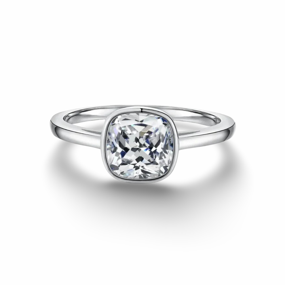 Cushion Cut, Bezel Set, Engagement Ring, 2 Carats, Sterling Silver