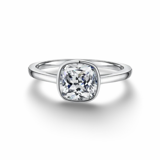 Cushion Cut, Bezel Set, Engagement Ring, 2 Carats, Sterling Silver
