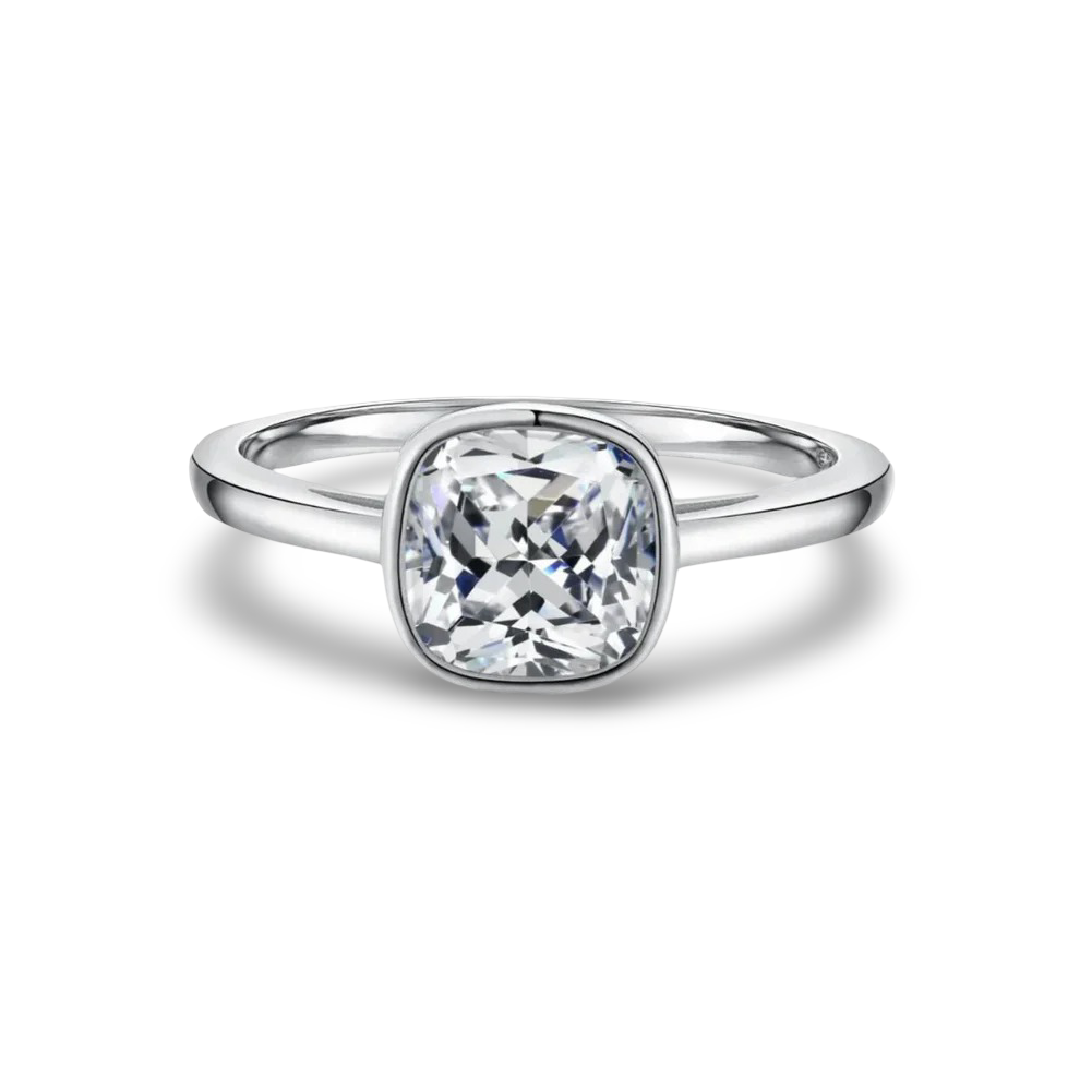 Cushion Cut, Bezel Set, Engagement Ring, 2 Carats, Gold Sterling Silver