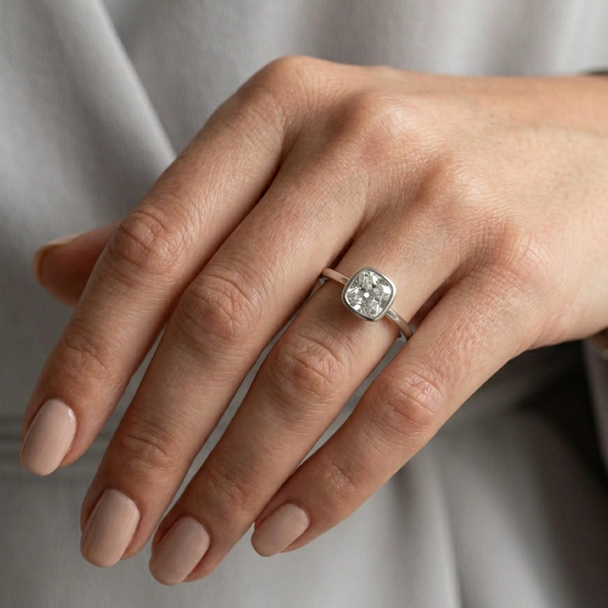 Cushion Cut, Bezel Set, Engagement Ring, 2 Carats, Sterling Silver
