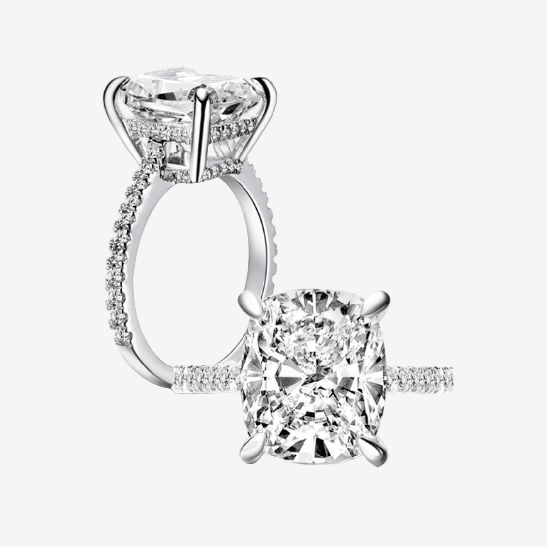 Cushion Cut Engagement Ring, 6 Carats, Hidden Halo, Sterling Silver - MargalitRings