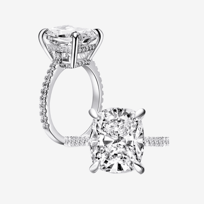 Cushion Cut Engagement Ring, 6 Carats, Hidden Halo, Sterling Silver - MargalitRings