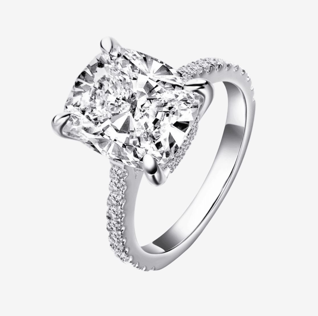 Cushion Cut Engagement Ring, 6 Carats, Hidden Halo, Sterling Silver - MargalitRings