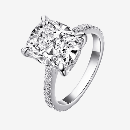 Cushion Cut Engagement Ring, 6 Carats, Hidden Halo, Sterling Silver - MargalitRings