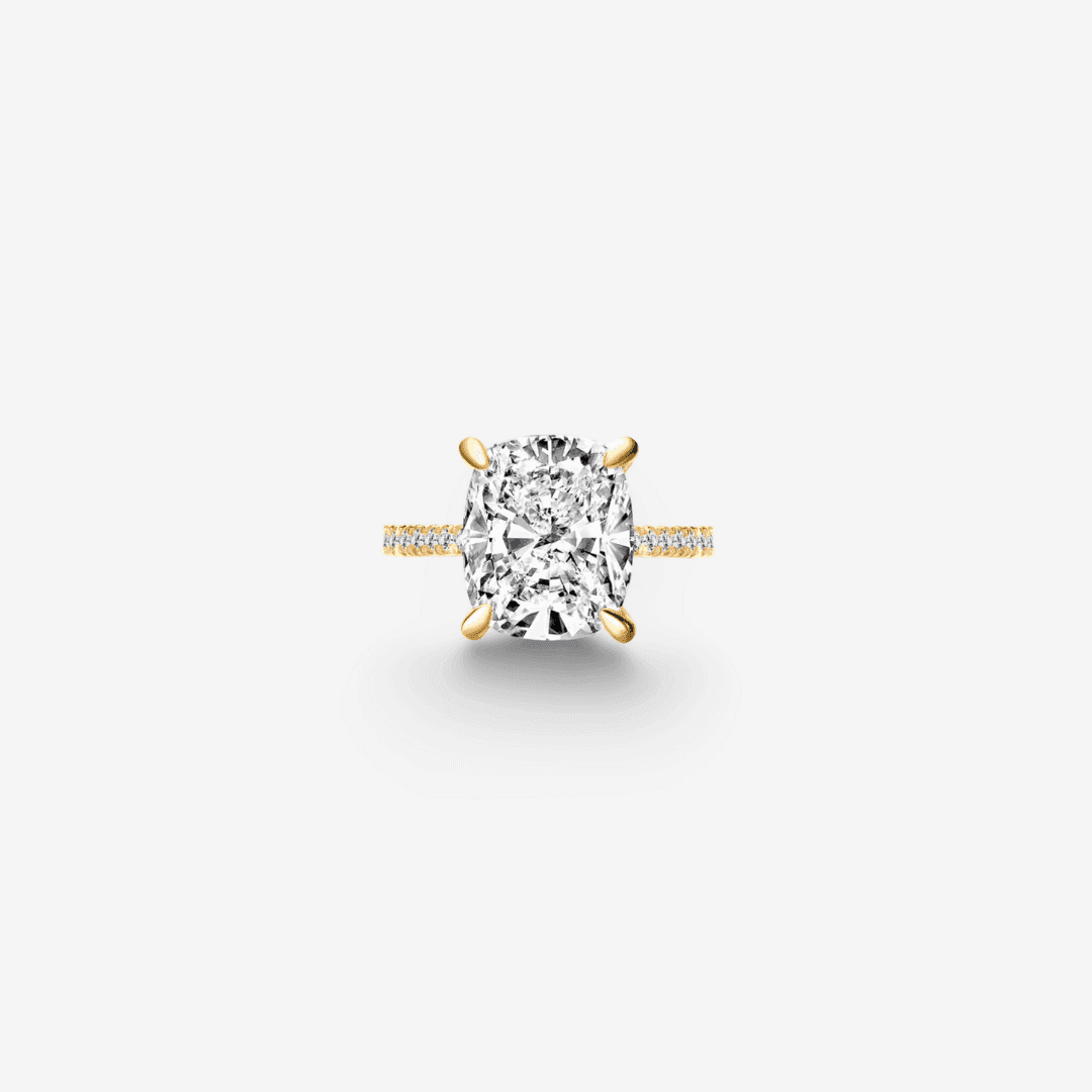 Cushion Cut Engagement Ring, 6 Carats, Hidden Halo, Yellow Gold - MargalitRings