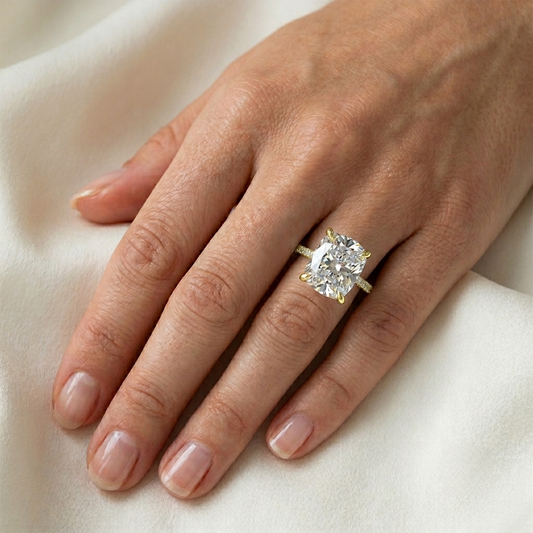Cushion Cut Engagement Ring, 6 Carats, Hidden Halo, Yellow Gold
