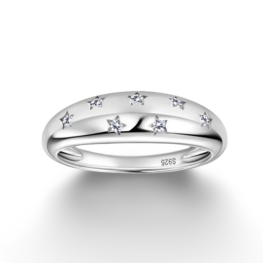 Embrace celestial charm with our Scattered Star Inlay Ring, expertly crafted in 925 sterling silver. This elegant design features a constellation of inlaid star motifs.