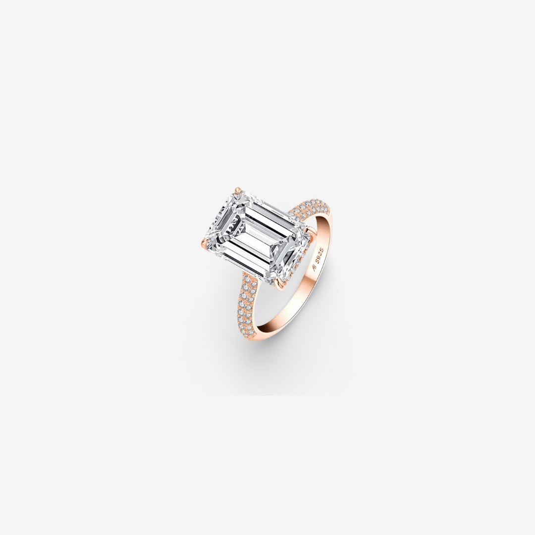 Emerald Cut, Engagement Ring, 6 Carats, Pave Band, Rose Gold - MargalitRings