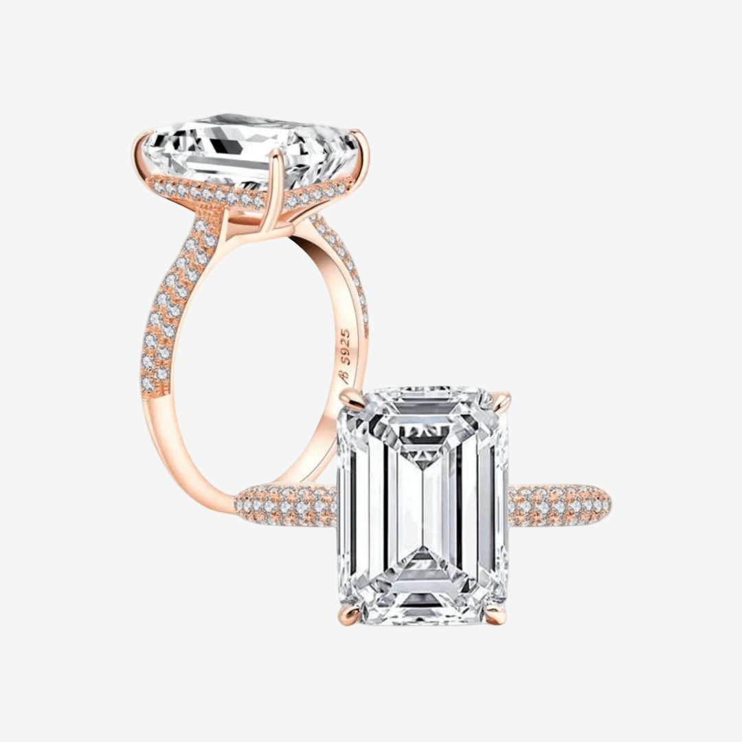 Emerald Cut, Engagement Ring, 6 Carats, Pave Band, Rose Gold - MargalitRings
