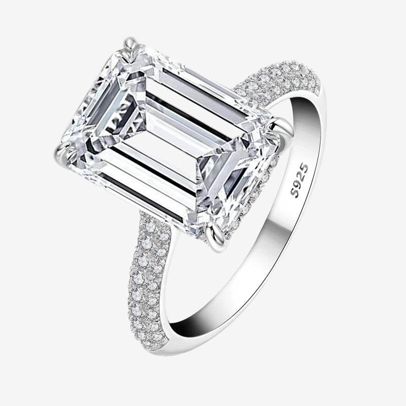 Emerald Cut, Engagement Ring, 6 Carats, Pave Band, Sterling Silver - MargalitRings