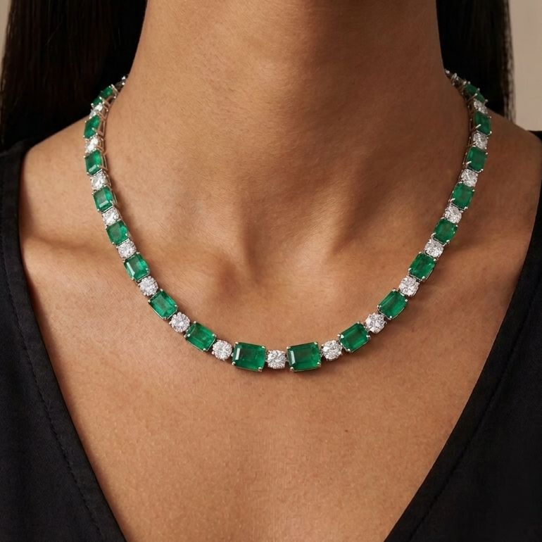 Emerald Green & Diamond Riviere Necklace
