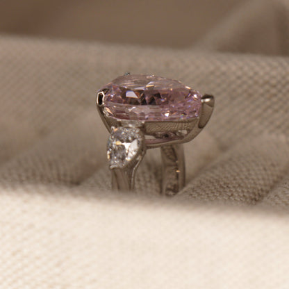 8 Carat Pink Pear Shape Engagement Ring on 925 Silver Band by Margalit Rings side view