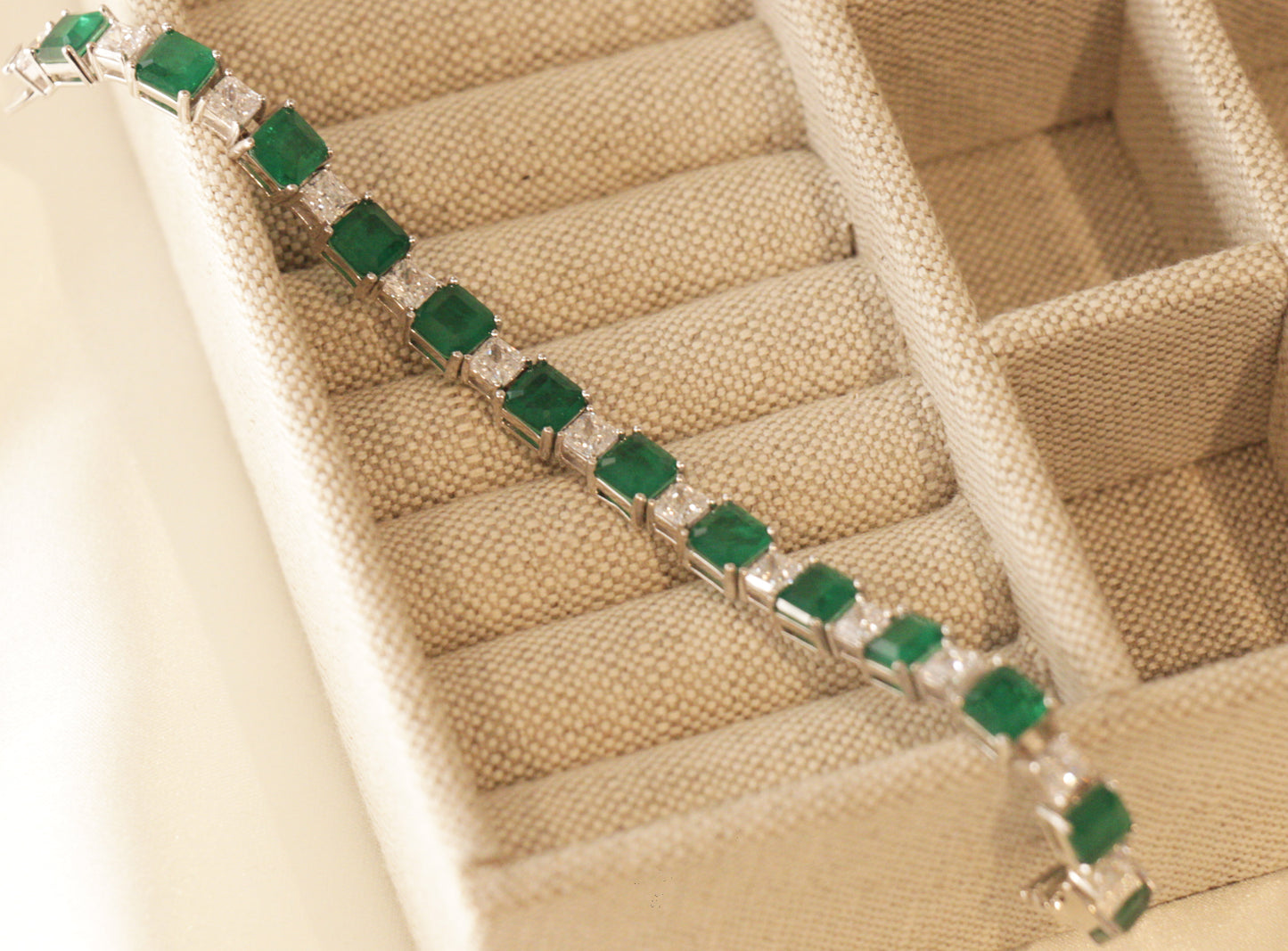 Emerald Green and Diamond tennis bracelet in 925 Sterling Silver by Margalit Rings 