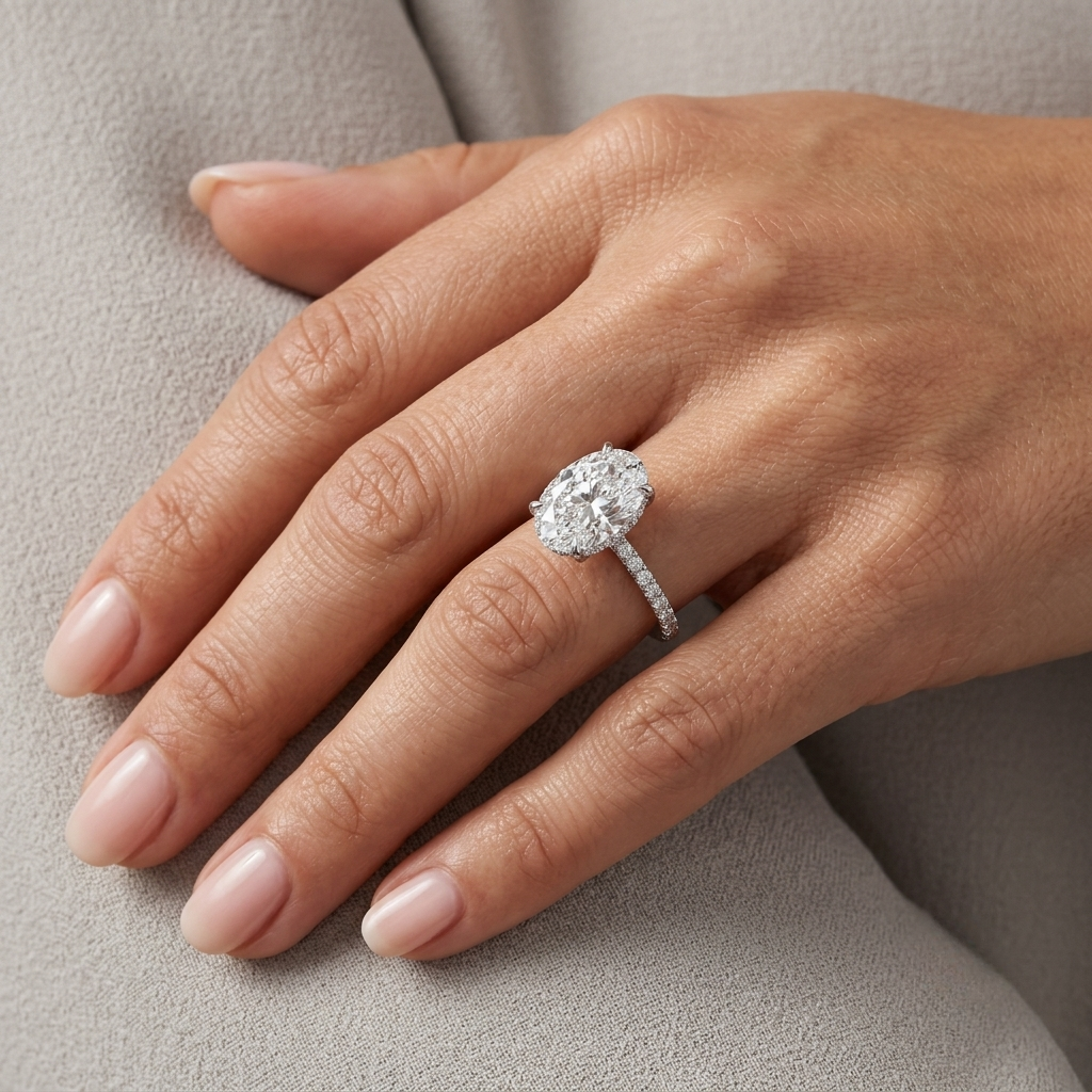Kourtney Kardashian style 5-carat oval shape engagement ring on a hand. Oval-cut diamond simulant ring featuring a thin white gold or silver micro-pave band.