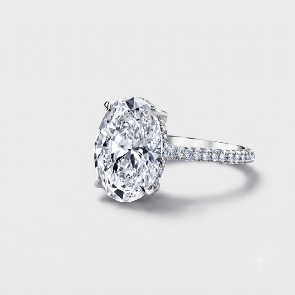An oval-cut diamond engagement ring with a silver-colored pavé band, shown on a light gray background.