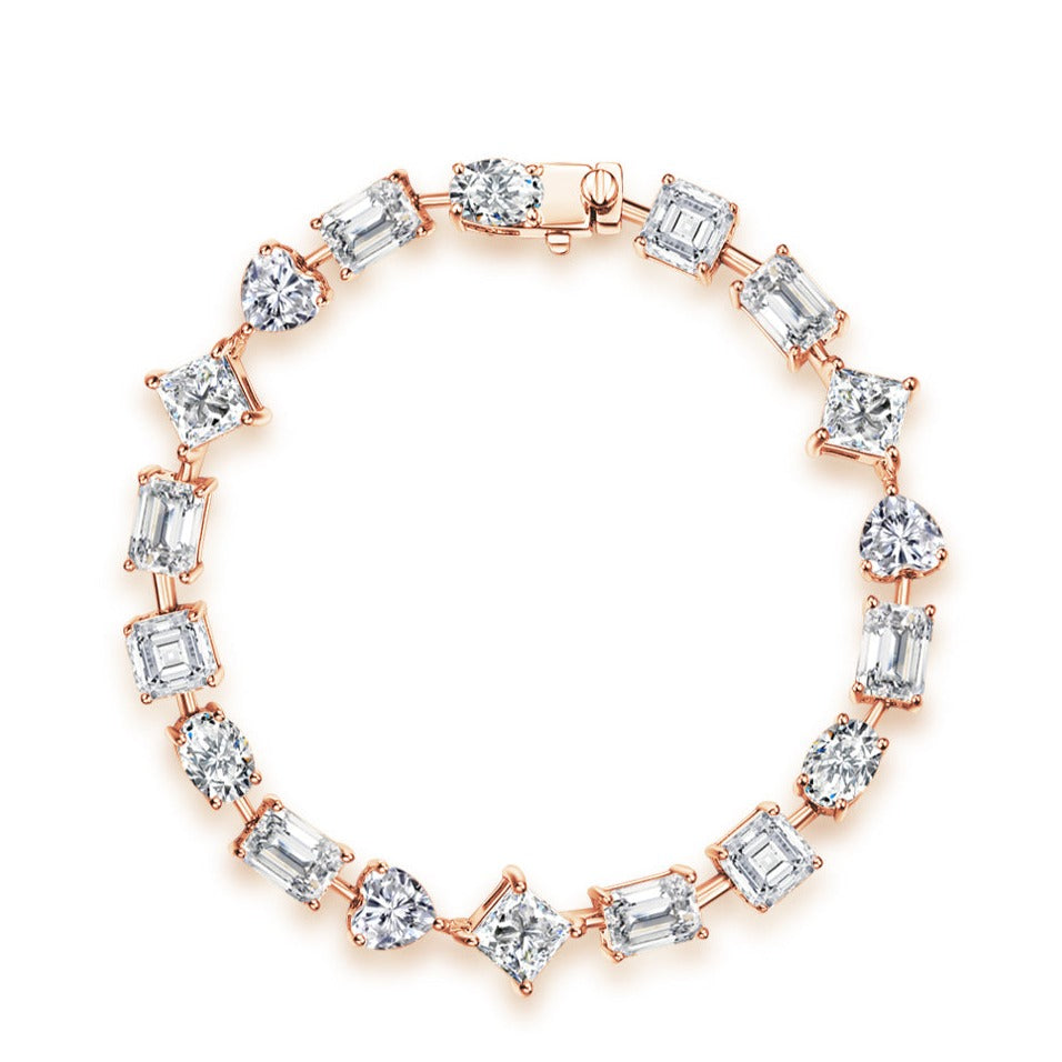 multi diamond shape wedding bracelet with asscher cut, princess cut, emerald cut and heart shape stones, met gala 2024 jewellery, rose gold
