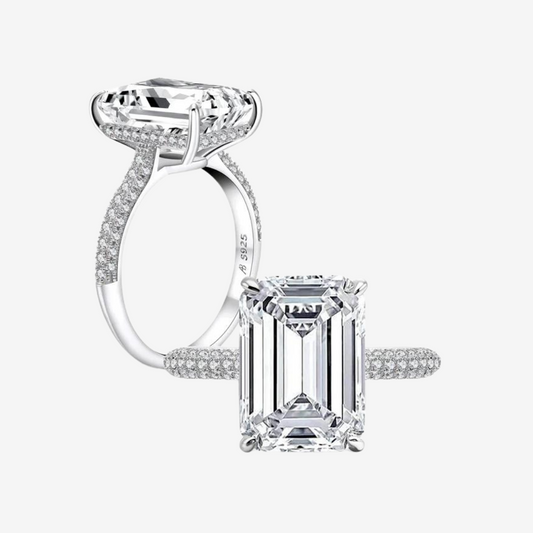 Nada Kumani Emerald Cut Engagement Ring, Pave, Sterling Silver, 6 Carats