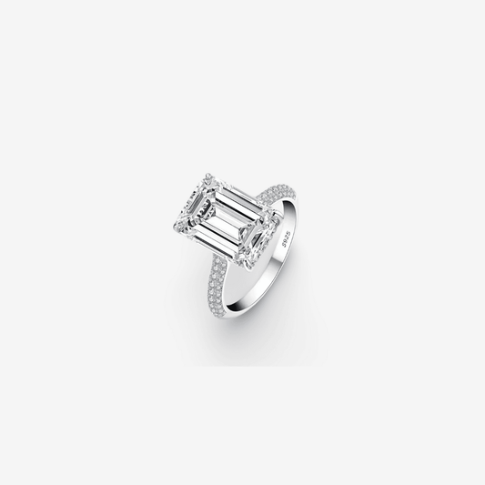 Nada Kumani Emerald Cut Engagement Ring, Pave, Sterling Silver, 6 Carats - MargalitRings