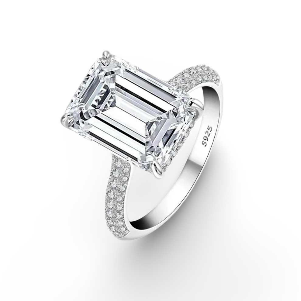 Nada Kumani Emerald Cut Engagement Ring, Pave, Sterling Silver, 6 Carats