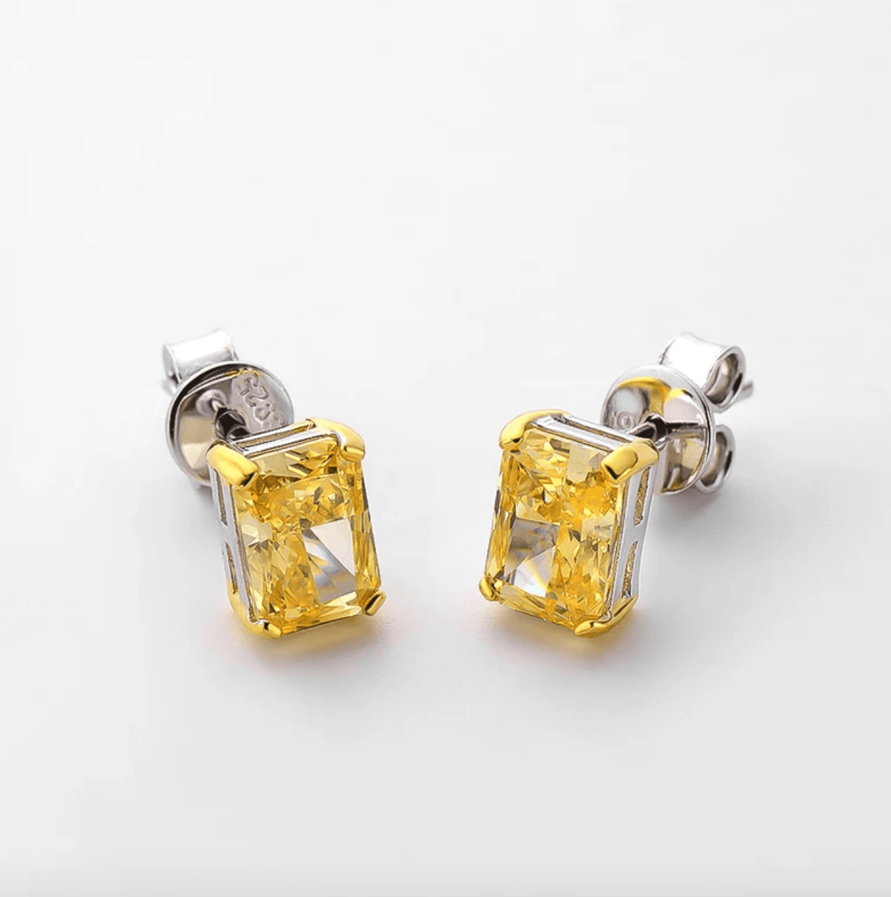1 Carat, Radiant Cut, Fancy Yellow, Sterling Silver, Studs - MargalitRings