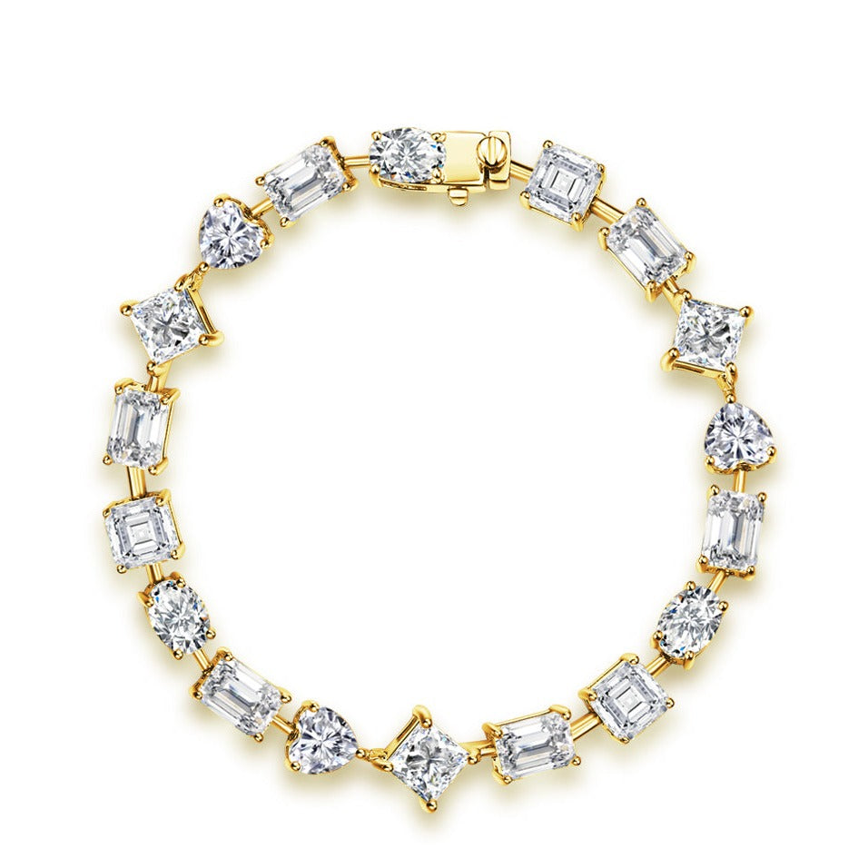 multi diamond shape wedding bracelet with asscher cut, princess cut, emerald cut and heart shape stones, met gala 2024 jewellery, yellow gold