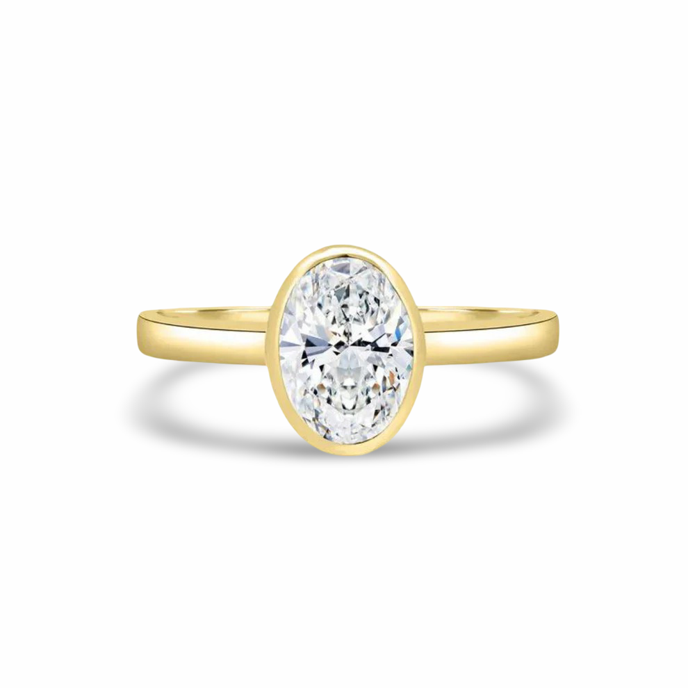 Oval Bezel Set, Engagement Ring, 2 Carats, Yellow Gold