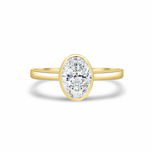 Oval Bezel Set, Engagement Ring, 2 Carats, Yellow Gold