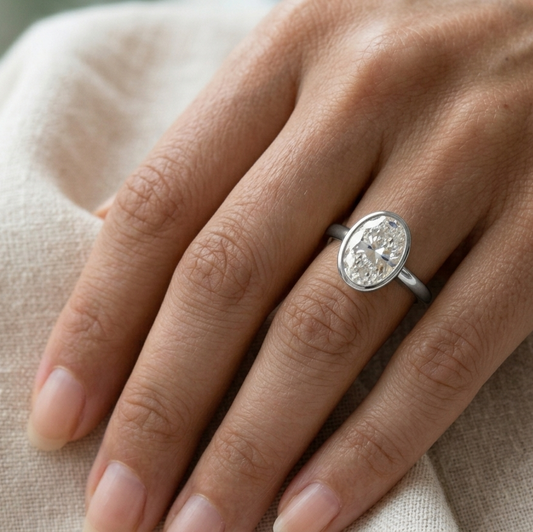 Oval Bezel Set, Engagement Ring, 2 Carats, Sterling Silver