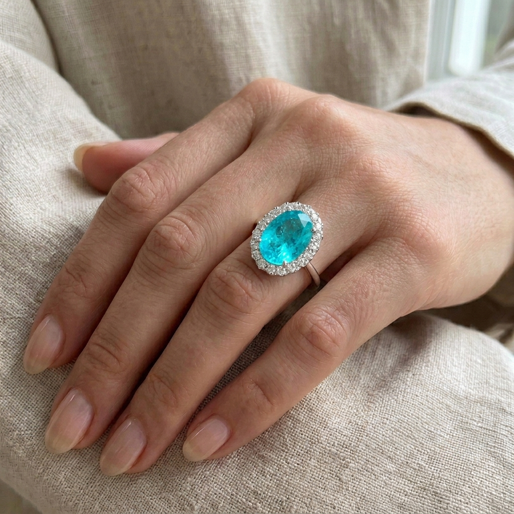 Oval Cut, Brazilian Paraiba Tourmaline & Diamond, Gemstone Ring