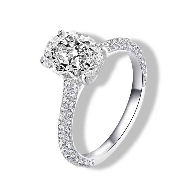 Oval Cut Engagement Ring, 2 Carats, Sterling Silver Front View