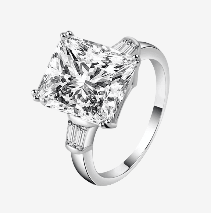 Princess Cut Engagement Ring, 5 Carats, Baguettes - Margalit Rings Sterling Silver