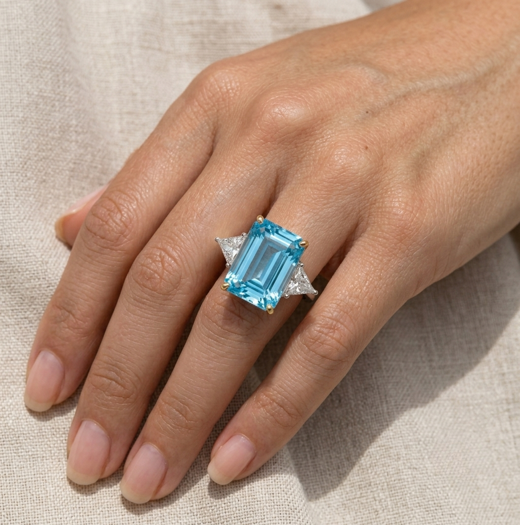 Princess Diana Aquamarine Ring, 8.48 Carat, Emerald Cut