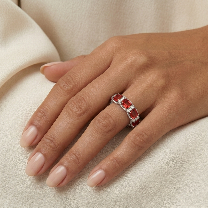 Red Emerald Cut, Eternity band
