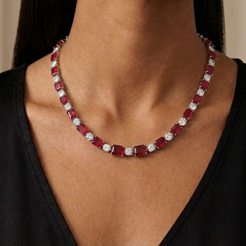 Ruby and diamond necklace on a model against a neutral background