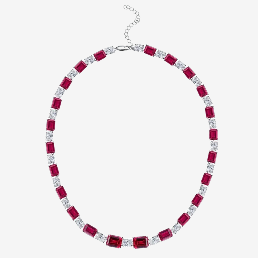 Red Ruby & Diamond Riviere Wedding Necklace, Bridal Jewellery