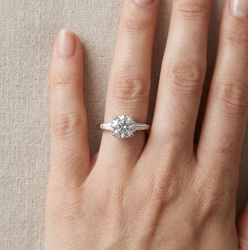 Round Cut Engagement Ring, 2 Carats, Three Stone Ring
