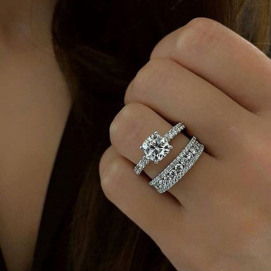 Round Cut Engagement Ring 3 Carats Sterling Silver Pave Band