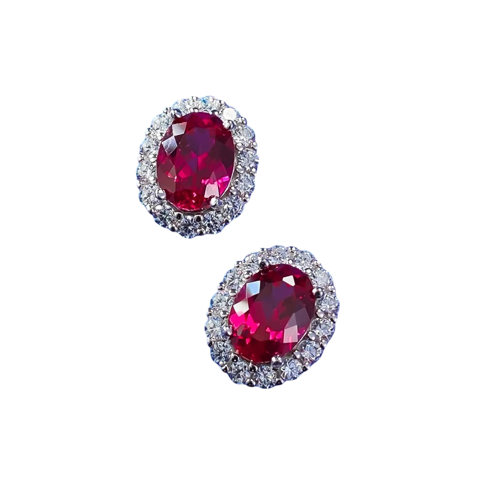 Oval Ruby Halo Stud Earrings – Sterling Silver