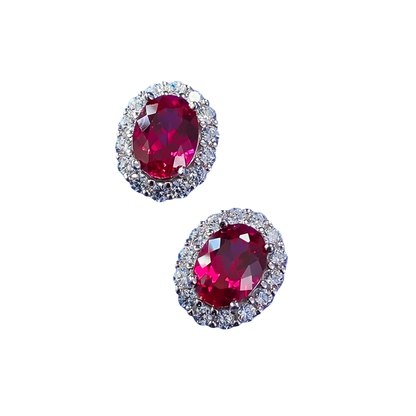 Oval Ruby Halo Stud Earrings – Sterling Silver