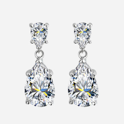 Sofia Richie inspired waterdrop pear cut dangle drop wedding earrings in 925 sterling silver, 7 carat total weight, shown on white background