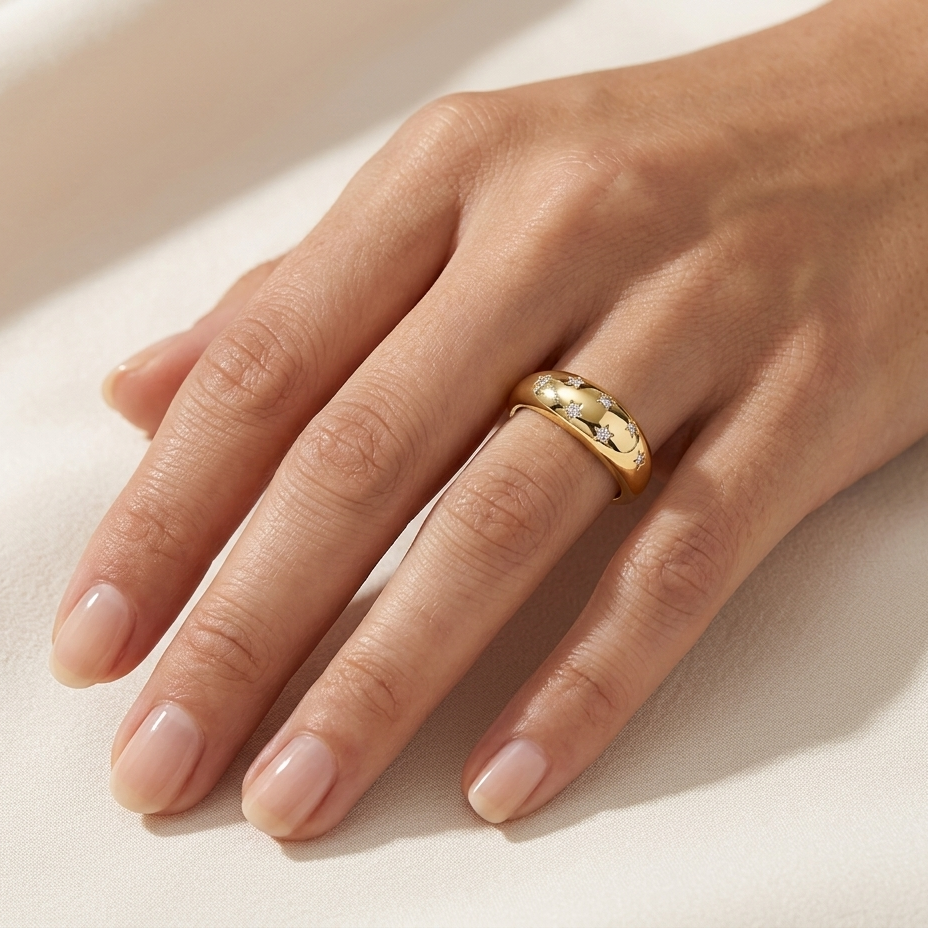 Hand wearing a gold ring on a light background