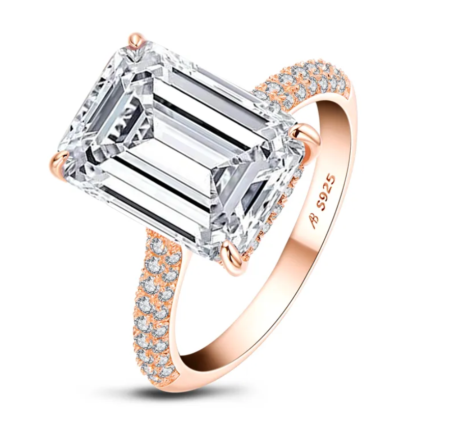Emerald Cut Engagement Ring Rose Gold 6 Carats Halo Silver by