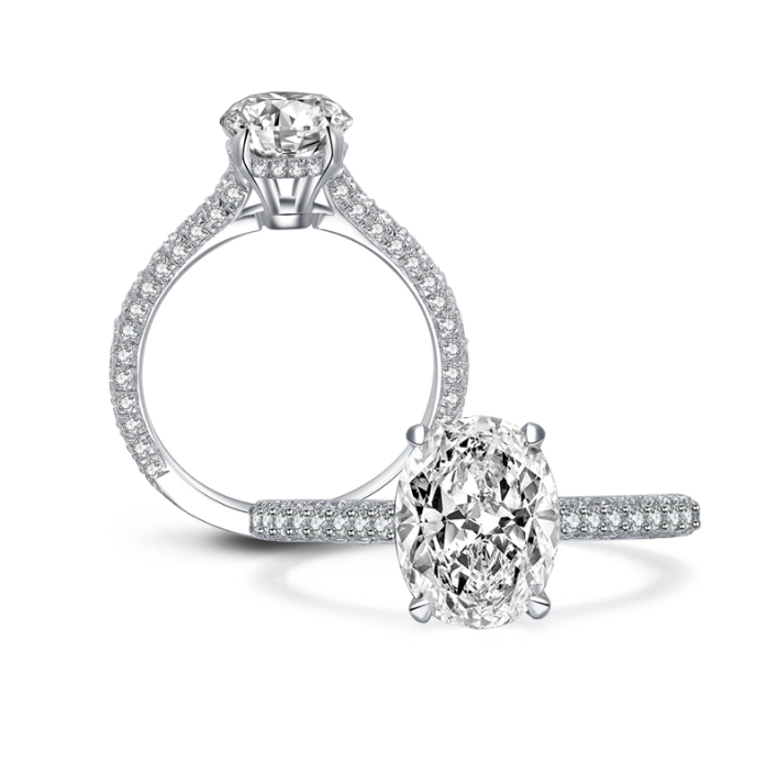 Oval Cut 2 Carat Engagement Ring with Pave Band, crafted in Sterling Silver by Margalit Rings. A dazzling and elegant choice for your special day