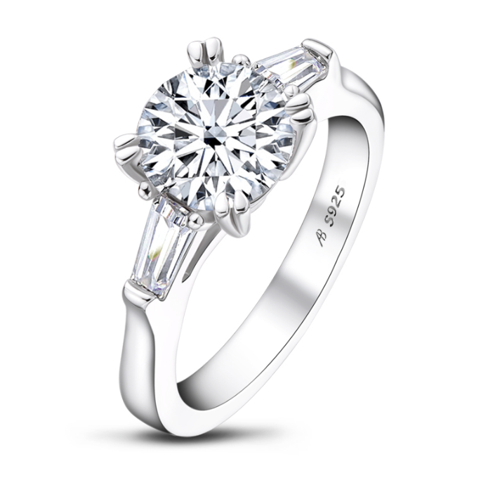 Round Solitaire Engagement Ring, 2 Carats, Tapered Baguettes by Margalit Rings side view