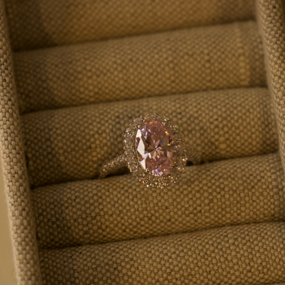 Pink Faux engagement rings, Affordable engagement rings not diamond, fake diamond engagement rings, Oval Shape Halo Engagement Ring under 500, 4 Carats, Micro Pave Silver Band by Margalit Rings, Lady Gaga Engagement Ring