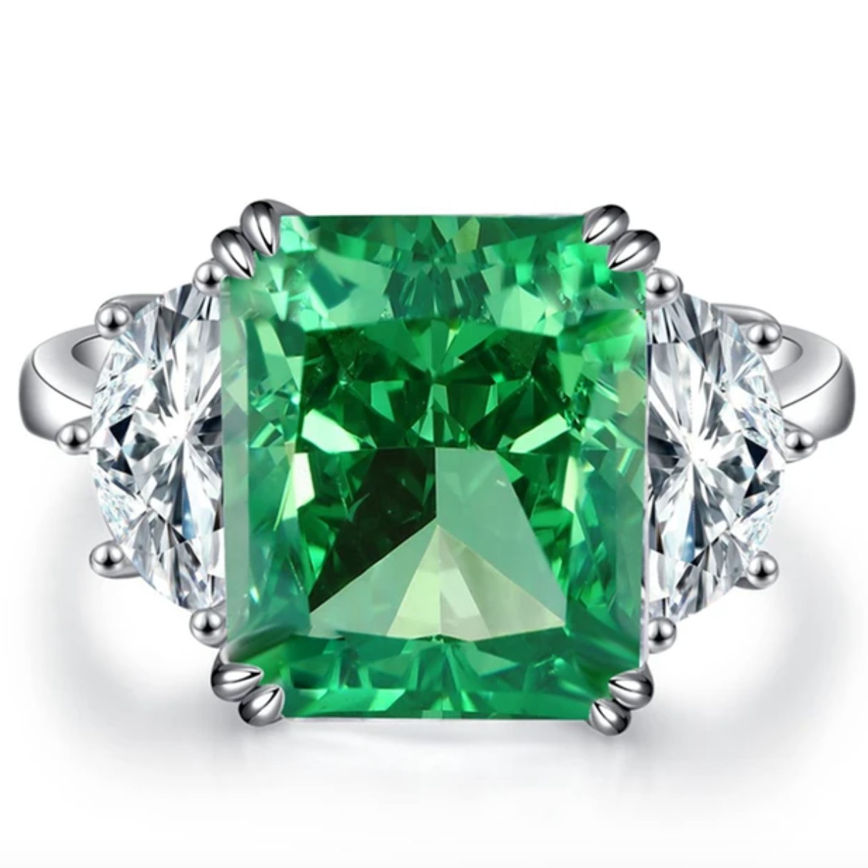 Cushion Cut Cocktail Ring, Emerald Green, 9 Carats, Sterling Silver by Margalit Rings