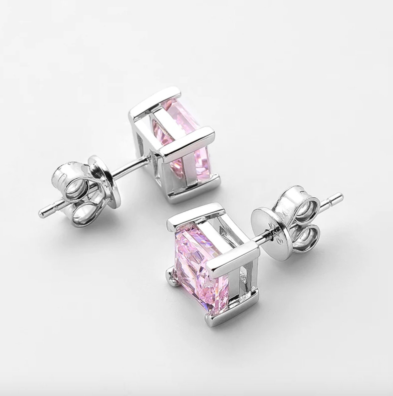 1.25 Carat, Fancy Pink, Princess Cut Studs, Sterling Silver wedding day earrings