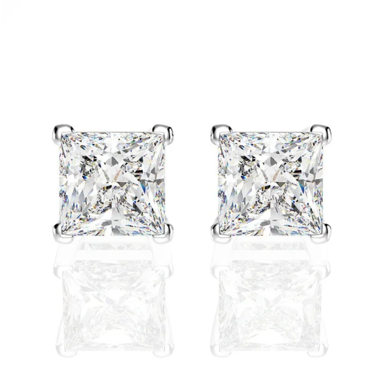 1.25 Carat, Fancy Pink, Princess Cut Studs, Sterling Silver white brilliant, wedding day studs