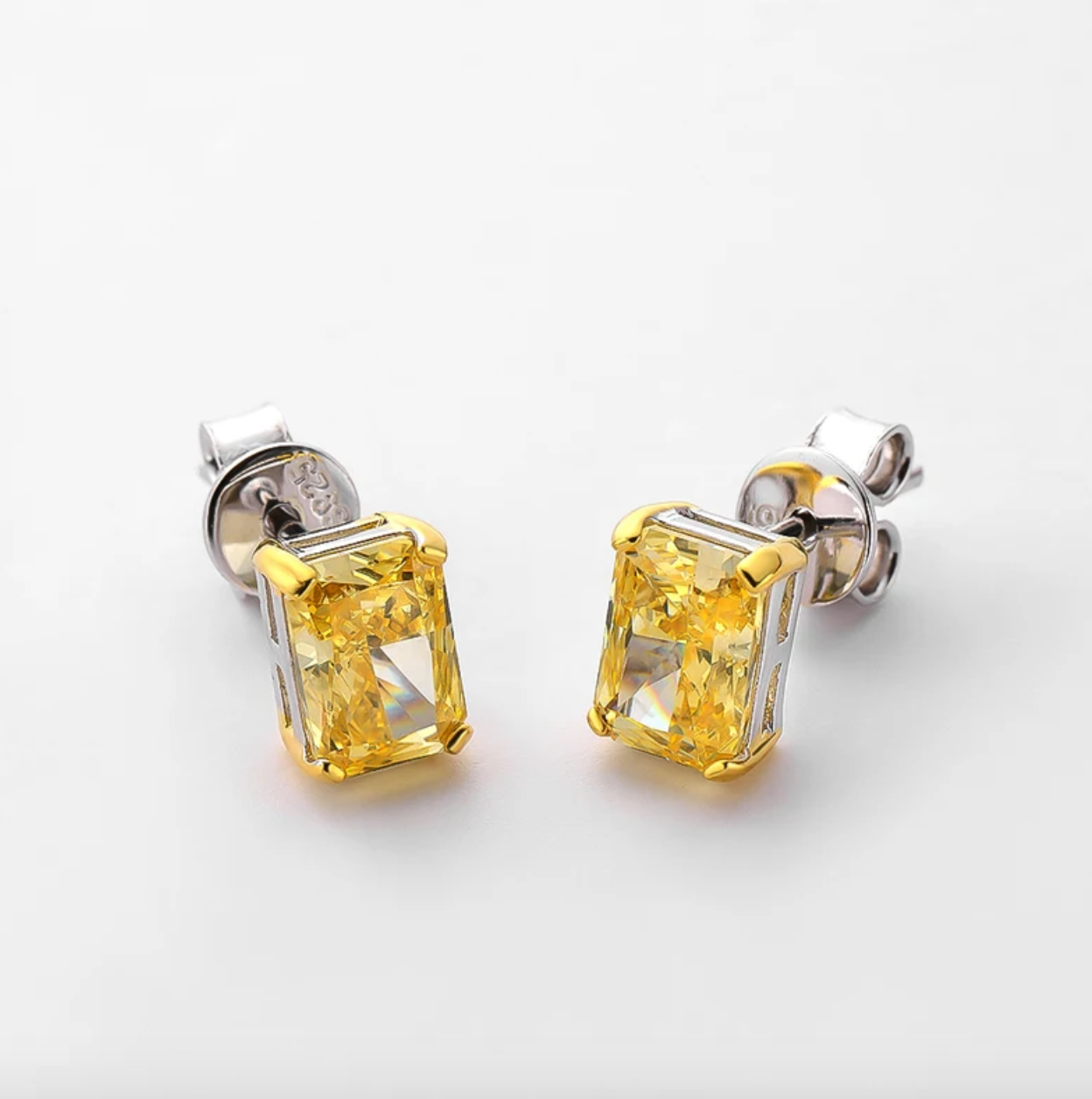 1 Carat, Radiant Cut, Fancy Yellow, Sterling Silver, Studs side view